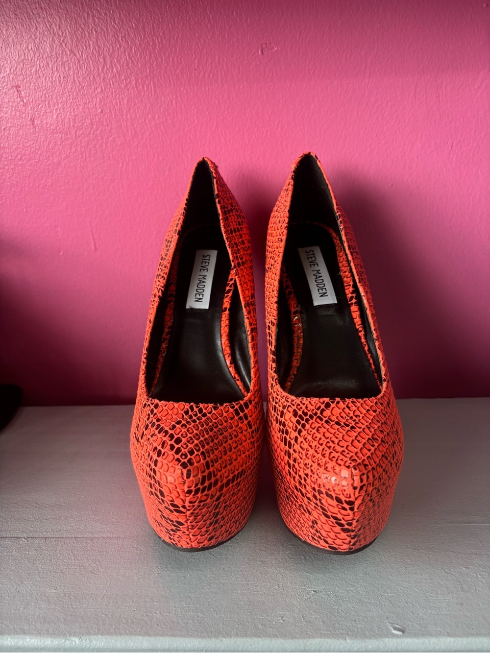 Steve Madden Orange and Black Snake-Embossed Platform Pumps